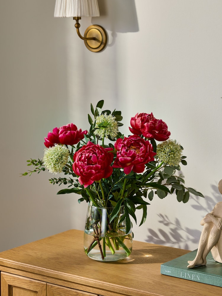 Red Peonies and Allium Flower Bouquet in Gift Bag - Image 1 of 4 Red Peonies and Allium Flower Bouquet in Gift Bag - Image 1 of 4