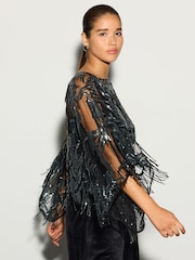 Negro/plateado - Tassel Embellished Long Sleeved Cape Top - Imagen 1 de 6
