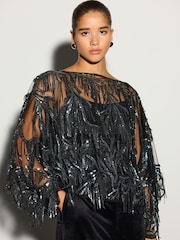 Negro/plateado - Tassel Embellished Long Sleeved Cape Top - Imagen 3 de 6