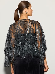 Negro/plateado - Tassel Embellished Long Sleeved Cape Top - Imagen 5 de 6