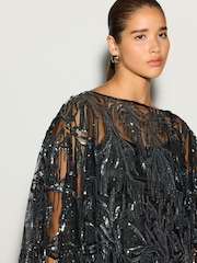 Negro/plateado - Tassel Embellished Long Sleeved Cape Top - Imagen 6 de 6