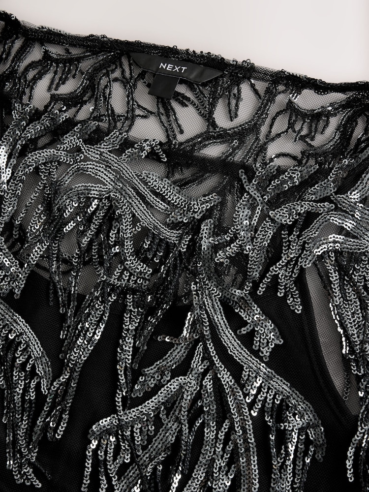 Black/Silver Tassel Embellished Long Sleeved Cape Top - Image 9 of 9 Black/Silver Tassel Embellished Long Sleeved Cape Top - Image 9 of 9