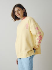Little Bird by Jools Oliver Yellow Pink Embroidery Oversized Crew Neck Sweatshirt - Image 1 of 6