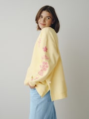 Little Bird by Jools Oliver Yellow Pink Embroidery Oversized Crew Neck Sweatshirt - Image 3 of 6