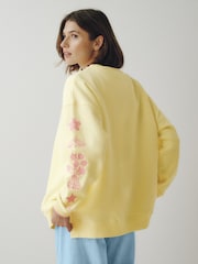 Little Bird by Jools Oliver Yellow Pink Embroidery Oversized Crew Neck Sweatshirt - Image 4 of 6