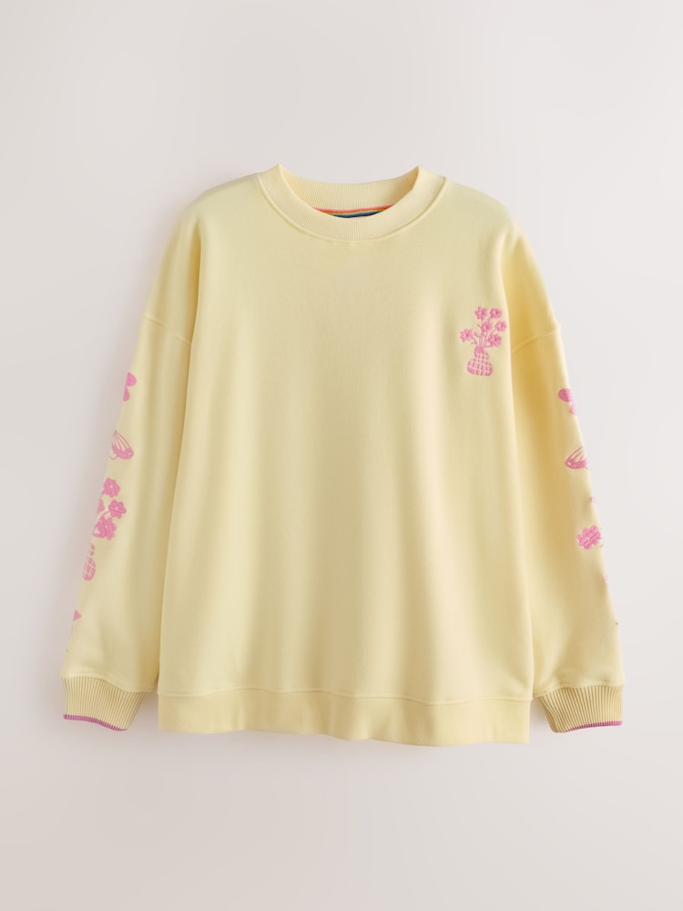 Little Bird by Jools Oliver Yellow Pink Embroidery Oversized Crew Neck Sweatshirt - Image 6 of 6