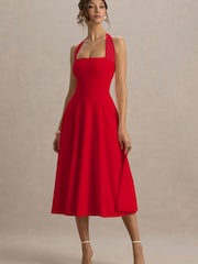 Club L London Red Auburn |Halter Skater Midi Dress - Image 4 of 5