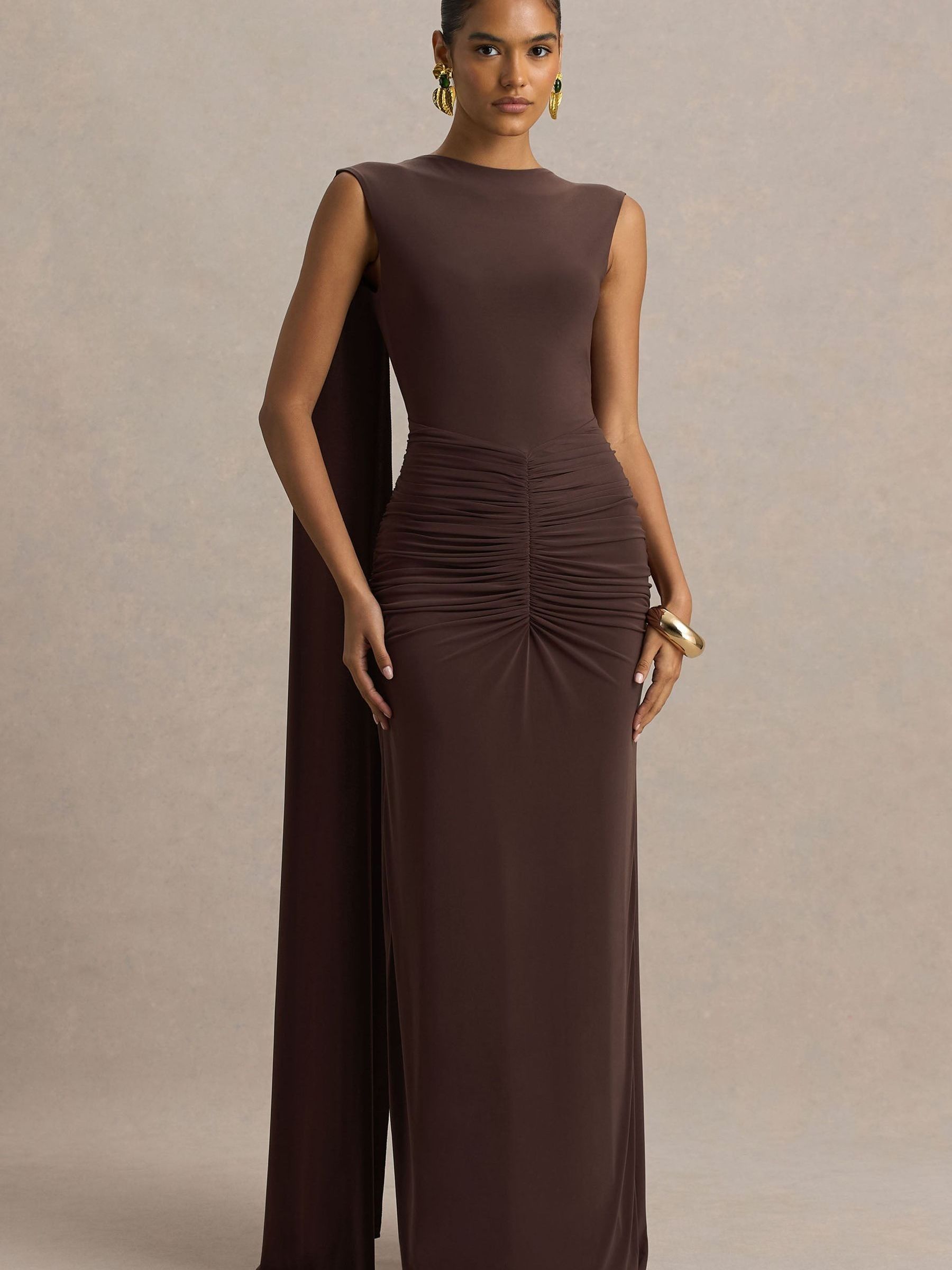 Buy Club L London Brown Premiere Boat-Neck Maxi Dress With Cape