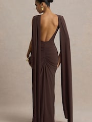 Club L London Brown Premiere Boat-Neck Maxi Dress With Cape Sleeves And Open-Back - Image 2 of 6