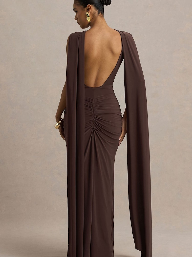 Club L London Brown Premiere Boat-Neck Maxi Dress With Cape Sleeves And Open-Back - Image 2 of 6
