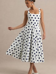 Club L London Navy Blue Polka Dot Strappy Volume Hem Midi Dress - Image 1 of 7