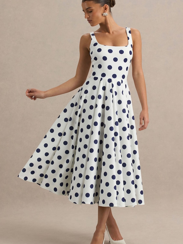 Club L London Navy Blue Polka Dot Strappy Volume Hem Midi Dress - Image 1 of 7