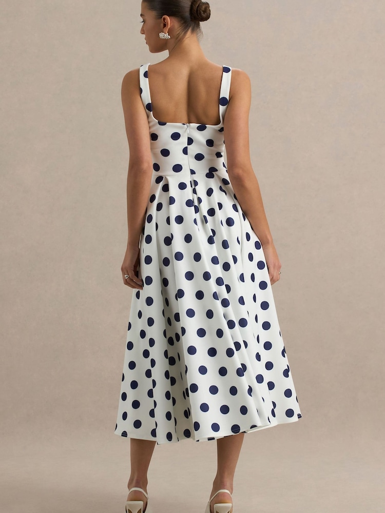 Club L London Navy Blue Polka Dot Strappy Volume Hem Midi Dress - Image 2 of 7
