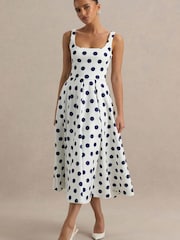 Club L London Navy Blue Polka Dot Strappy Volume Hem Midi Dress - Image 3 of 7