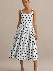 Club L London Navy Blue Polka Dot Strappy Volume Hem Midi Dress - Image 4 of 7