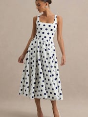 Club L London Navy Blue Polka Dot Strappy Volume Hem Midi Dress - Image 5 of 7