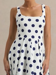 Club L London Navy Blue Polka Dot Strappy Volume Hem Midi Dress - Image 6 of 7