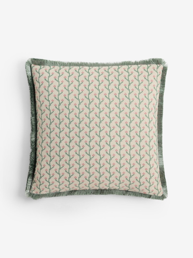 Sage Green/Pink 50 x 50cm Trailing Floral Fringe Cushion - Image 5 of 5 Sage Green/Pink 50 x 50cm Trailing Floral Fringe Cushion - Image 5 of 5