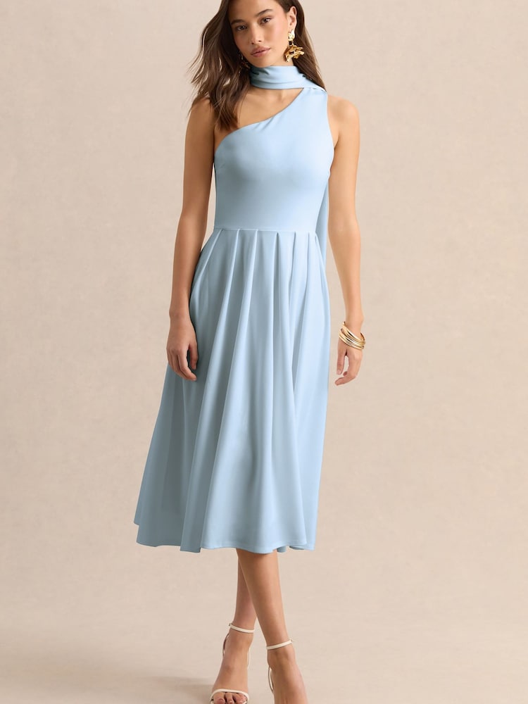 Club L London Blue Odette Asymmetric Neck Midi Dress With Scarf - Image 1 of 4
