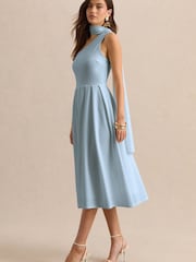 Club L London Blue Odette Asymmetric Neck Midi Dress With Scarf - Image 3 of 4