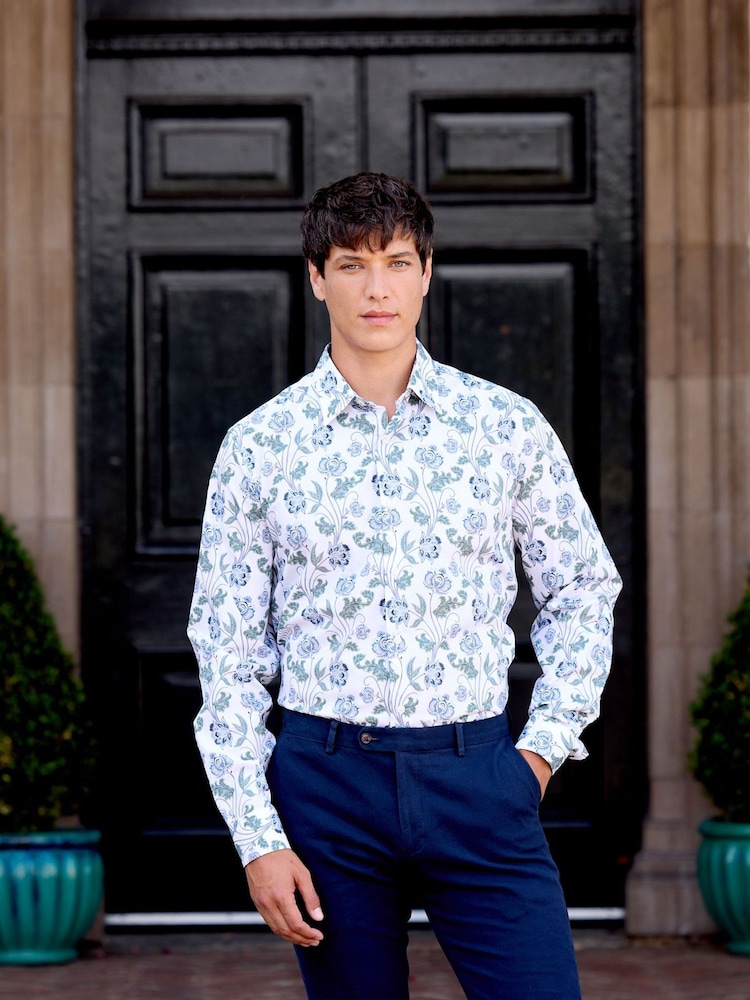 Skopes Green Luxury Cotton Tailored Fit Formal Floral Design Shirt - Image 1 of 4 Skopes Green Luxury Cotton Tailored Fit Formal Floral Design Shirt - Image 1 of 4