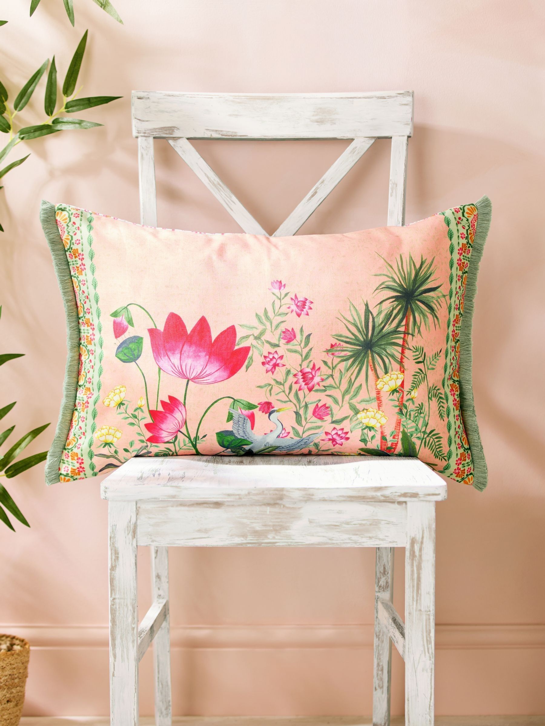 Joe Browns Luxury Heron & Floral Print Cotton & Velvet Reversible Cushion in Pink | Size: 40cm x 60cm - Image 2