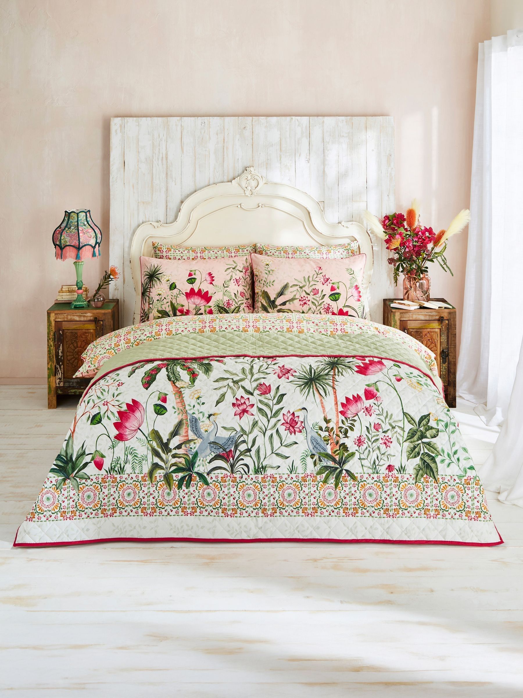 Joe Browns Unisex Off White Luxury Quilted Reversible Floral Print Cotton Bedspread In - Image 2