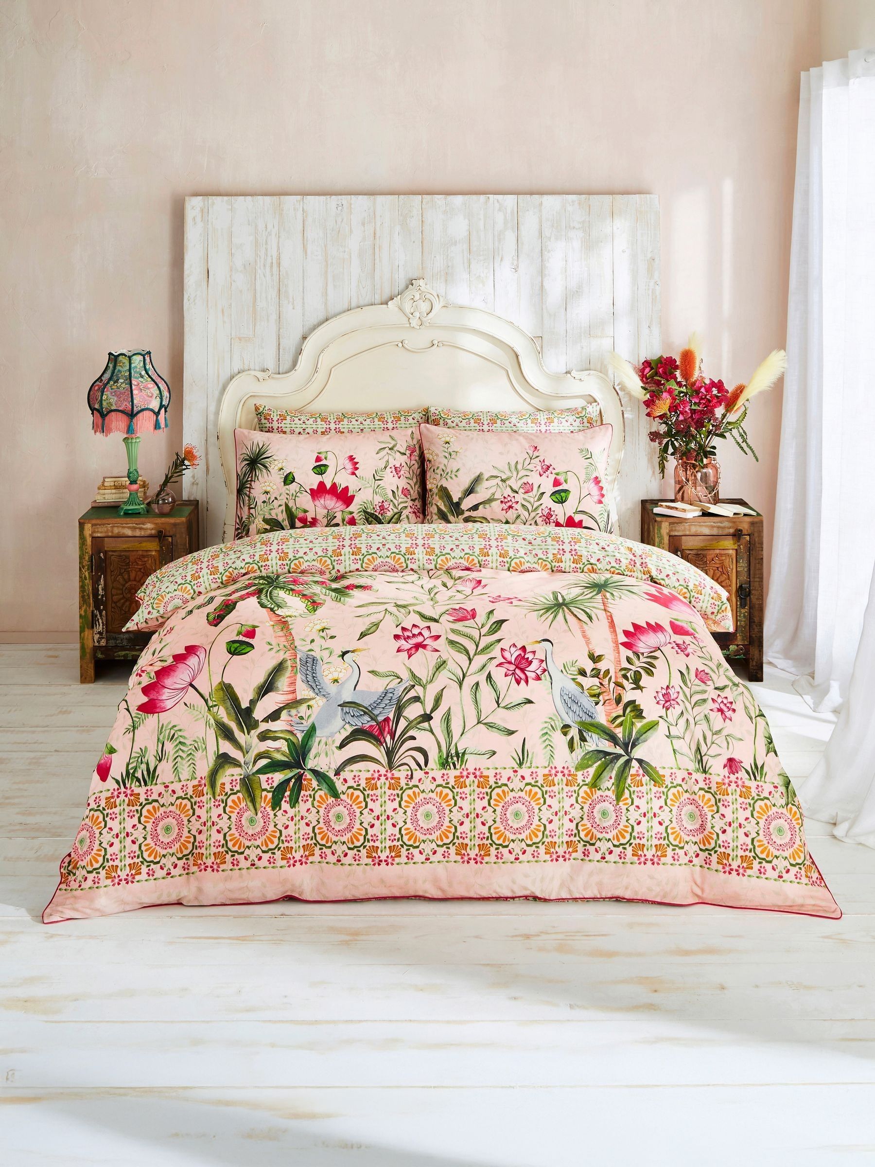 Joe Browns Lotus & Palm Print 100% Cotton Reversible Duvet Cover Set in Pink | Size: Super King - Image 2