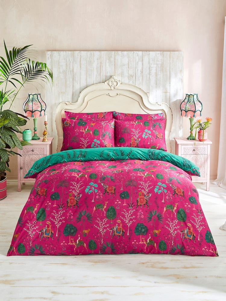 Joe Browns Green or Pink Wonderful Wanderlust Cotton Reversible Duvet Cover and Pillowcase Set - Image 2 of 6