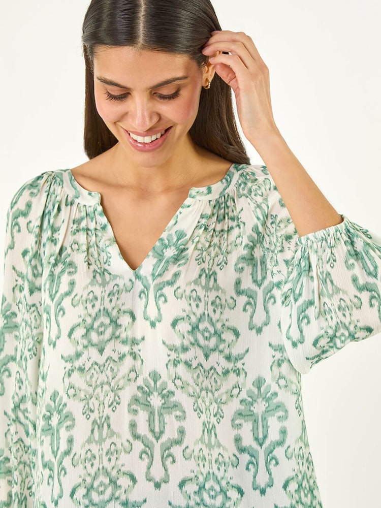 Roman Green Ikat Print V-Neck Tunic Top - Image 1 of 5