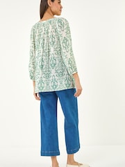 Roman Green Ikat Print V-Neck Tunic Top - Image 3 of 5