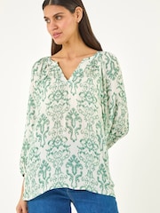Roman Green Ikat Print V-Neck Tunic Top - Image 4 of 5