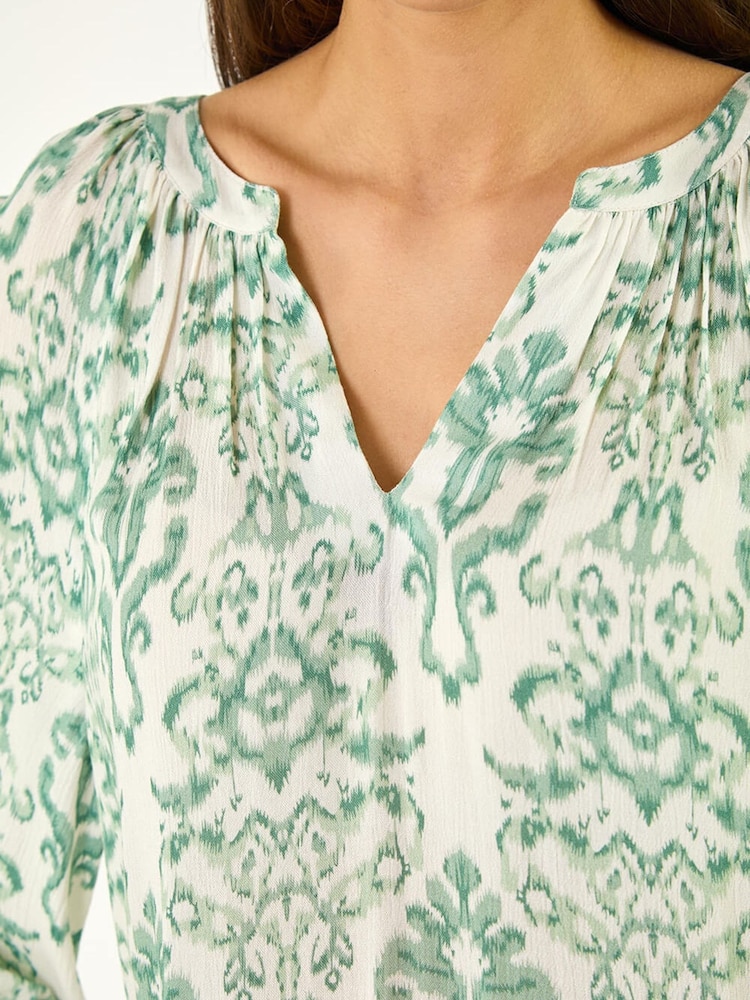 Roman Green Ikat Print V-Neck Tunic Top - Image 5 of 5
