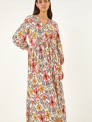 Roman Orange Abstract Print Empire Waist Midi Dress - Image 4 of 5