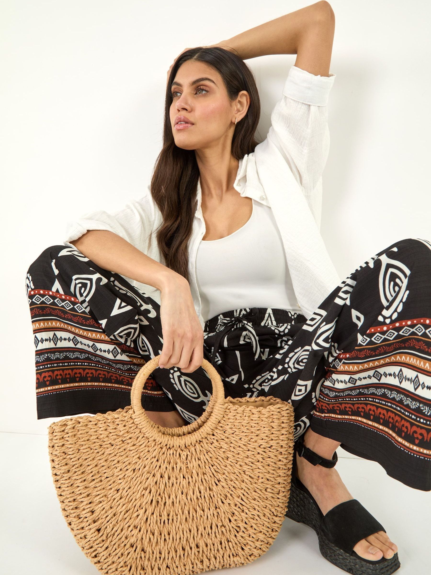 Buy Roman Black Aztec Border Print Wide Leg Trousers from Next USA