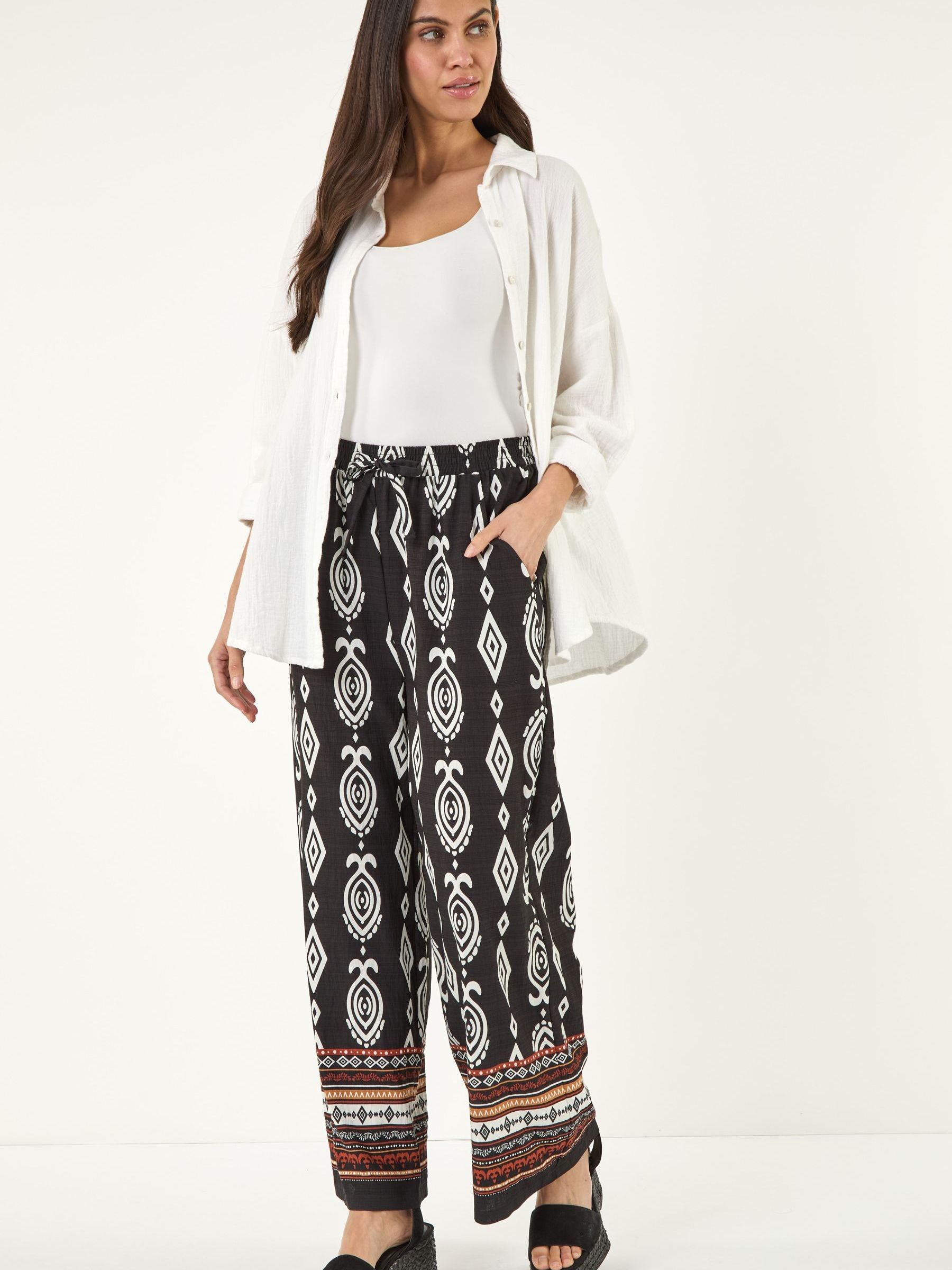 Buy Roman Black Aztec Border Print Wide Leg Trousers from Next USA