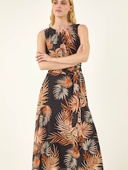 Roman Leaf Print Chiffon Pleat Neck Midi Dress - Imagen 1 de 5