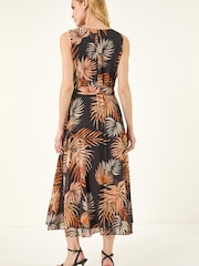 Roman Leaf Print Chiffon Pleat Neck Midi Dress - Imagen 2 de 5