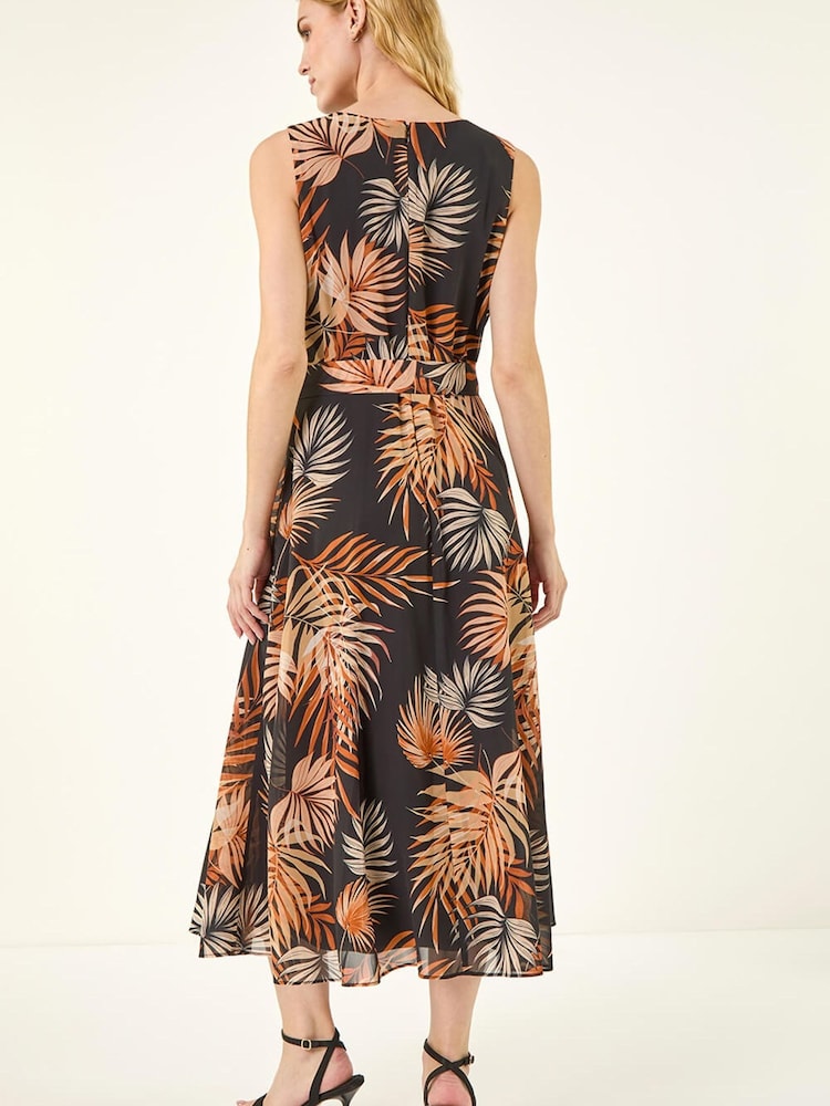 Roman Leaf Print Chiffon Pleat Neck Midi Dress - Imagen 2 de 5