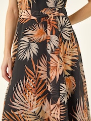 Roman Leaf Print Chiffon Pleat Neck Midi Dress - Imagen 5 de 5