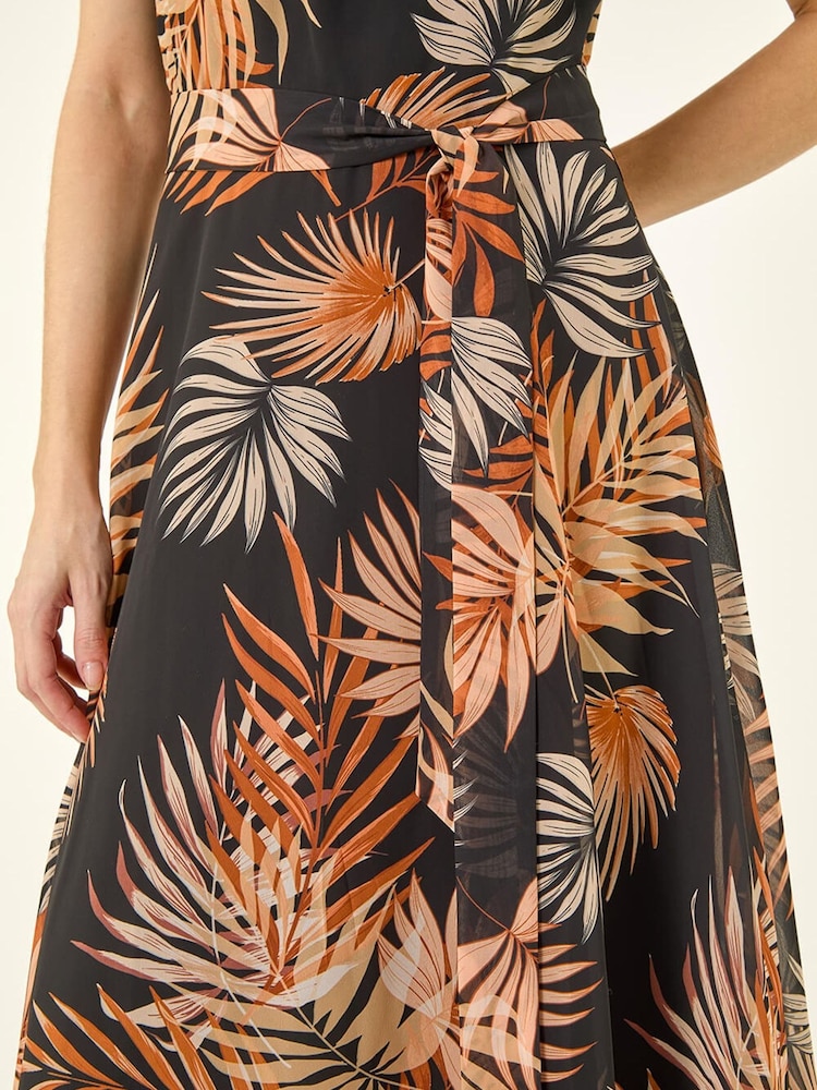 Roman Leaf Print Chiffon Pleat Neck Midi Dress - Imagen 5 de 5