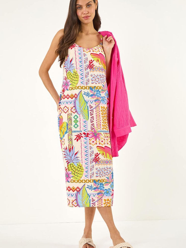 Roman White Pineapple Print Strappy Midi Dress - Image 2 of 5 Roman White Pineapple Print Strappy Midi Dress - Image 2 of 5