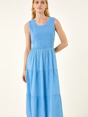 Roman Light Blue Shirred Textured Smock Midi Dress - Image 2 of 5
