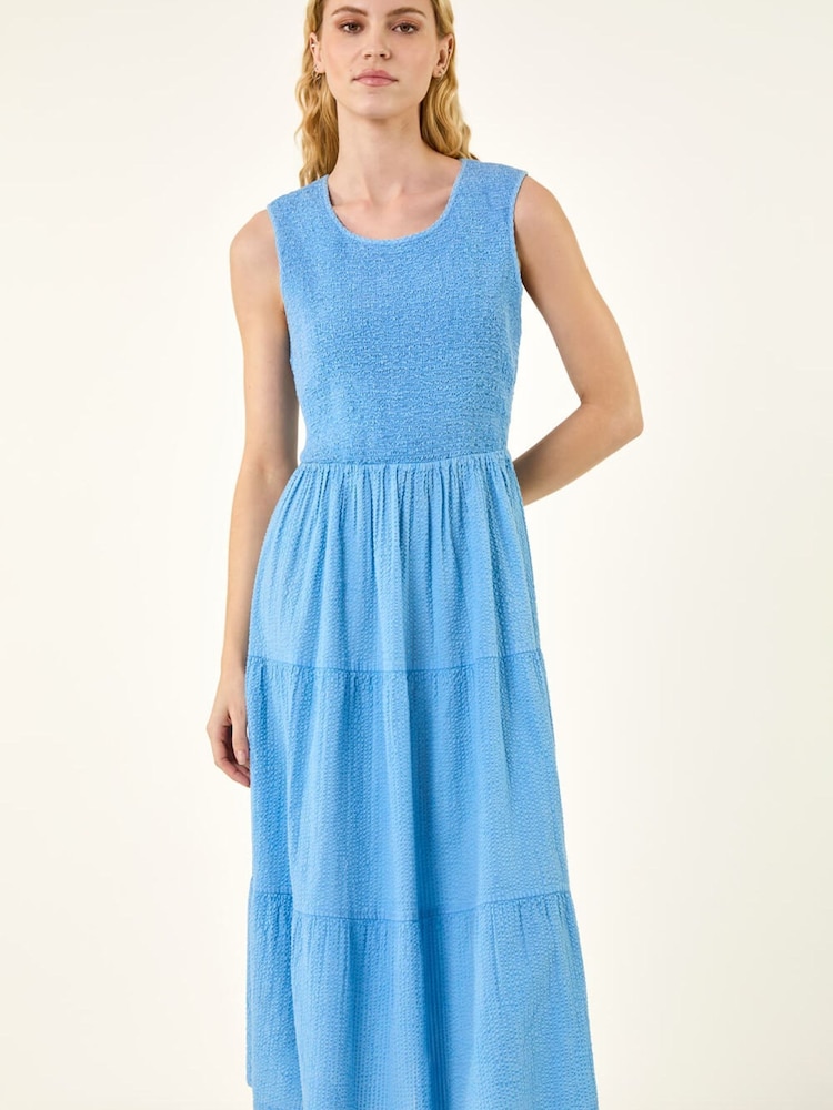 Roman Light Blue Shirred Textured Smock Midi Dress - Image 2 of 5