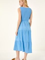Roman Light Blue Shirred Textured Smock Midi Dress - Image 3 of 5