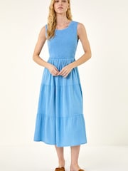 Roman Light Blue Shirred Textured Smock Midi Dress - Image 4 of 5