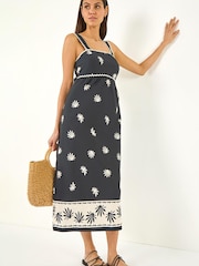 Roman Black Leaf Print Ric Rac Midi Dress - Image 1 of 5