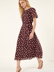 Roman Brown Polka Dot Pleat Neck Midi Dress - Image 1 of 5