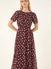 Roman Brown Polka Dot Pleat Neck Midi Dress - Image 2 of 5