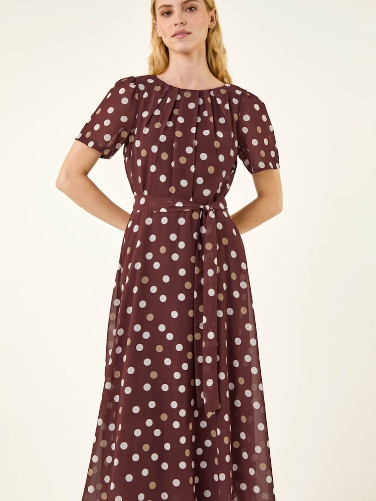 Roman Brown Polka Dot Pleat Neck Midi Dress - Image 2 of 5